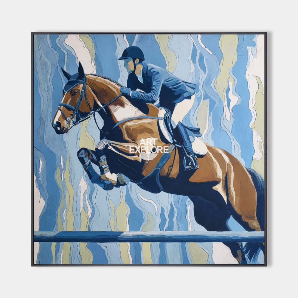 Original hand painted equestrian oil painting canvas, chestnut horse jumping bold blue abstract background, elegant luxury modern home
