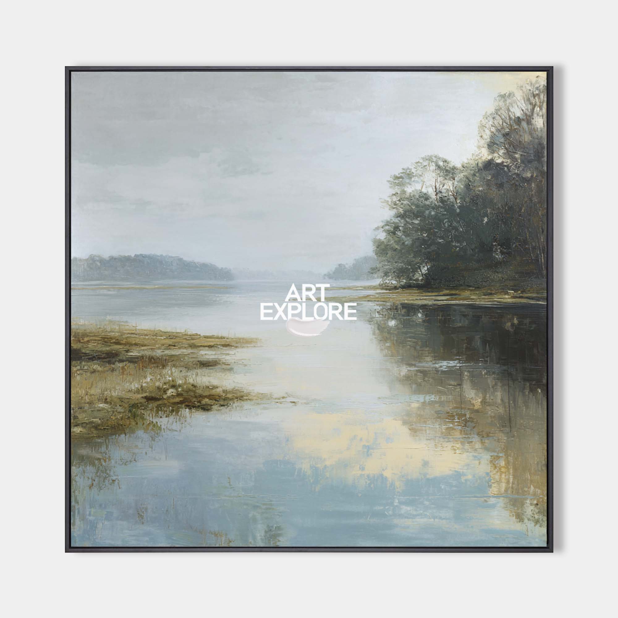 Original hand painted misty river landscape oil painting canvas, blue grey golden tones, elegant nordic scandinavian luxury modern home