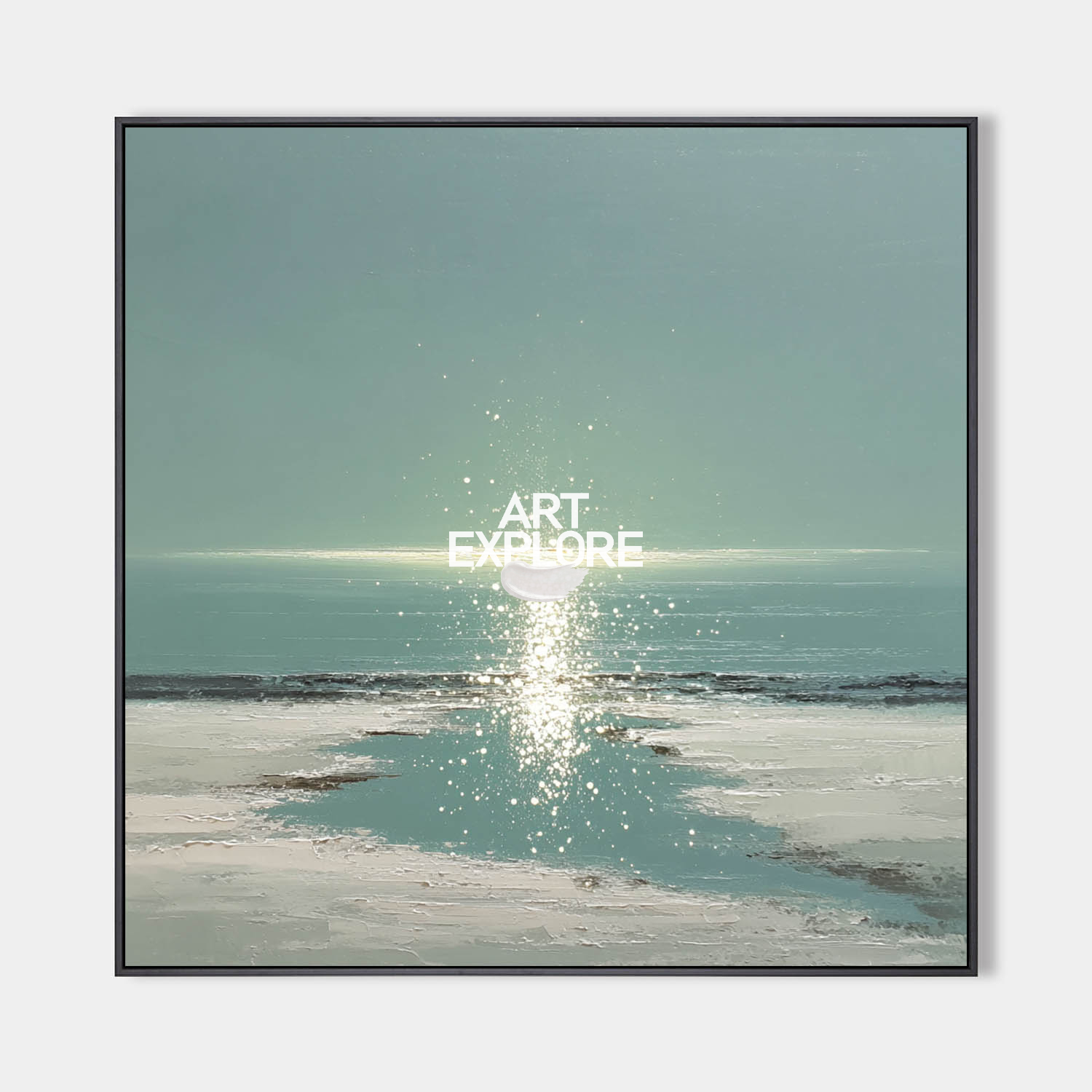 Original hand painted teal coastal oil painting canvas wall art, sun glare over sea, nordic scandinavian minimalist elegant luxury mode