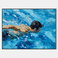 Original hand painted blue swimmer oil painting canvas wall art, modern coastal elegant luxury abstract nordic scandinavian home decor