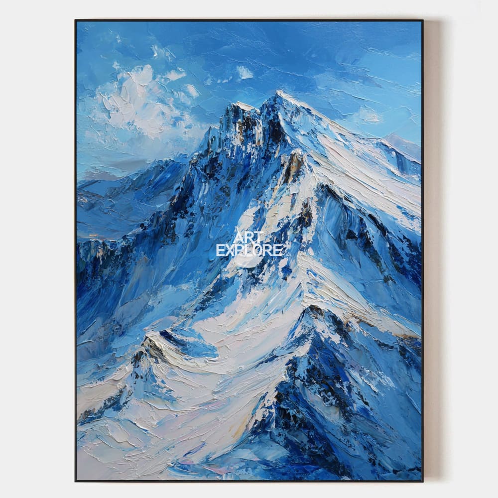 Original hand painted blue white snowy mountain oil painting canvas wall art, nordic scandinavian elegant luxury modern living room hom