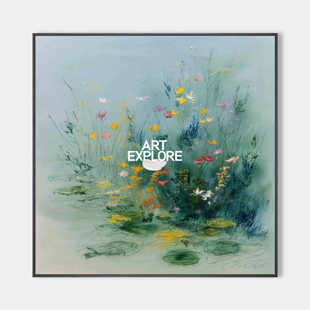 Original hand painted teal botanical oil painting canvas wall art, abstract wildflowers lily pond elegant luxury modern nordic scandina