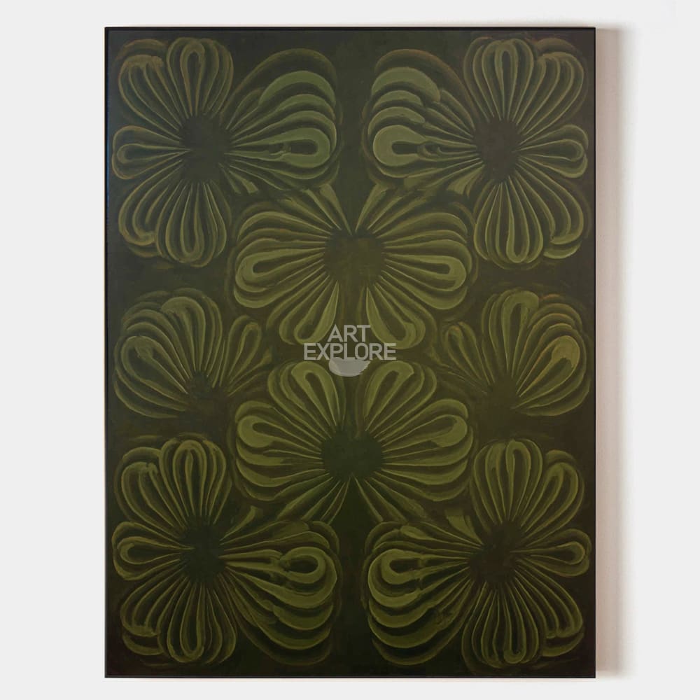 Original hand painted olive green abstract botanical oil painting canvas wall art, nordic scandinavian elegant luxury modern living roo