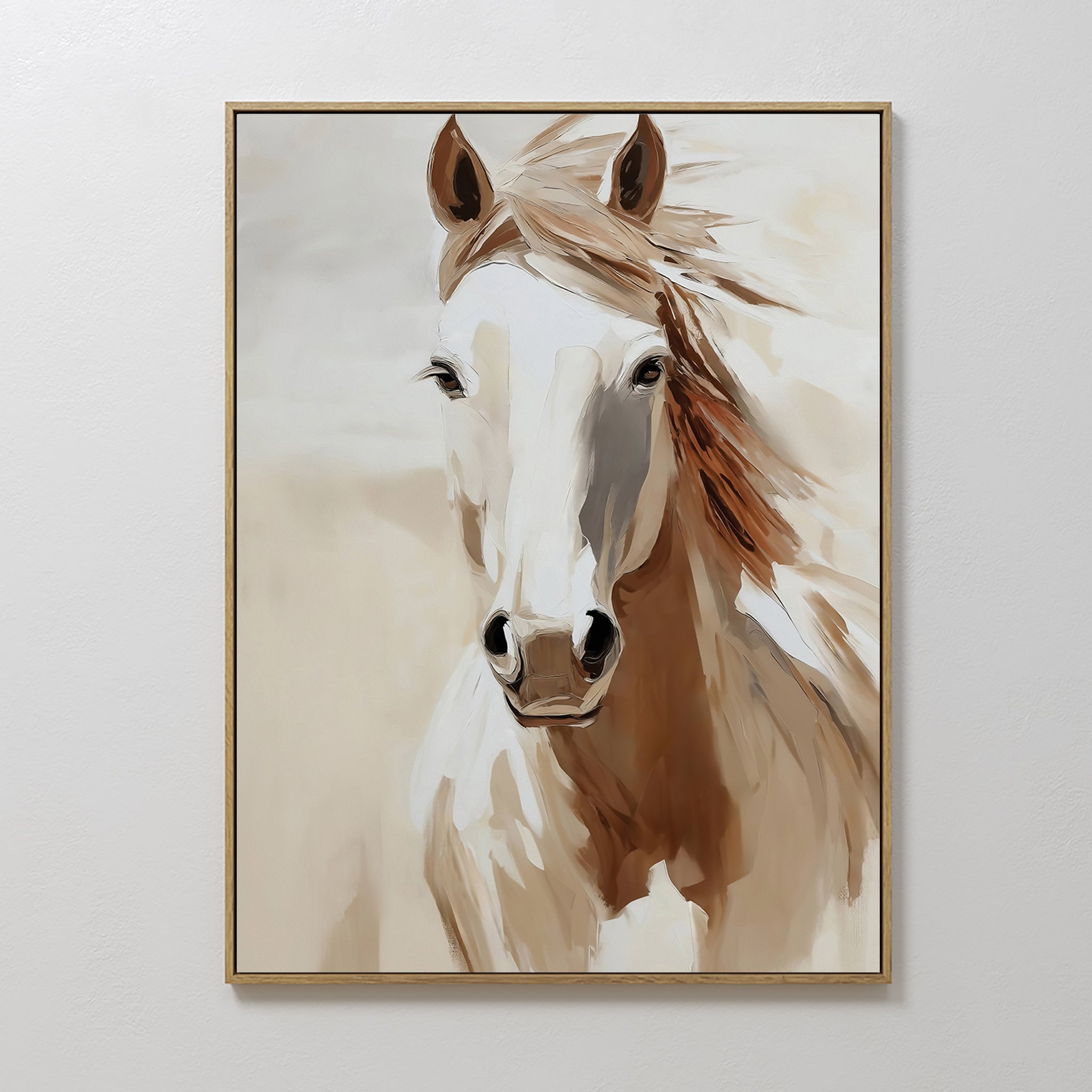 Original hand painted palomino horse oil painting canvas wall art, warm beige chestnut ivory tones, nordic scandinavian elegant luxury modern home dec