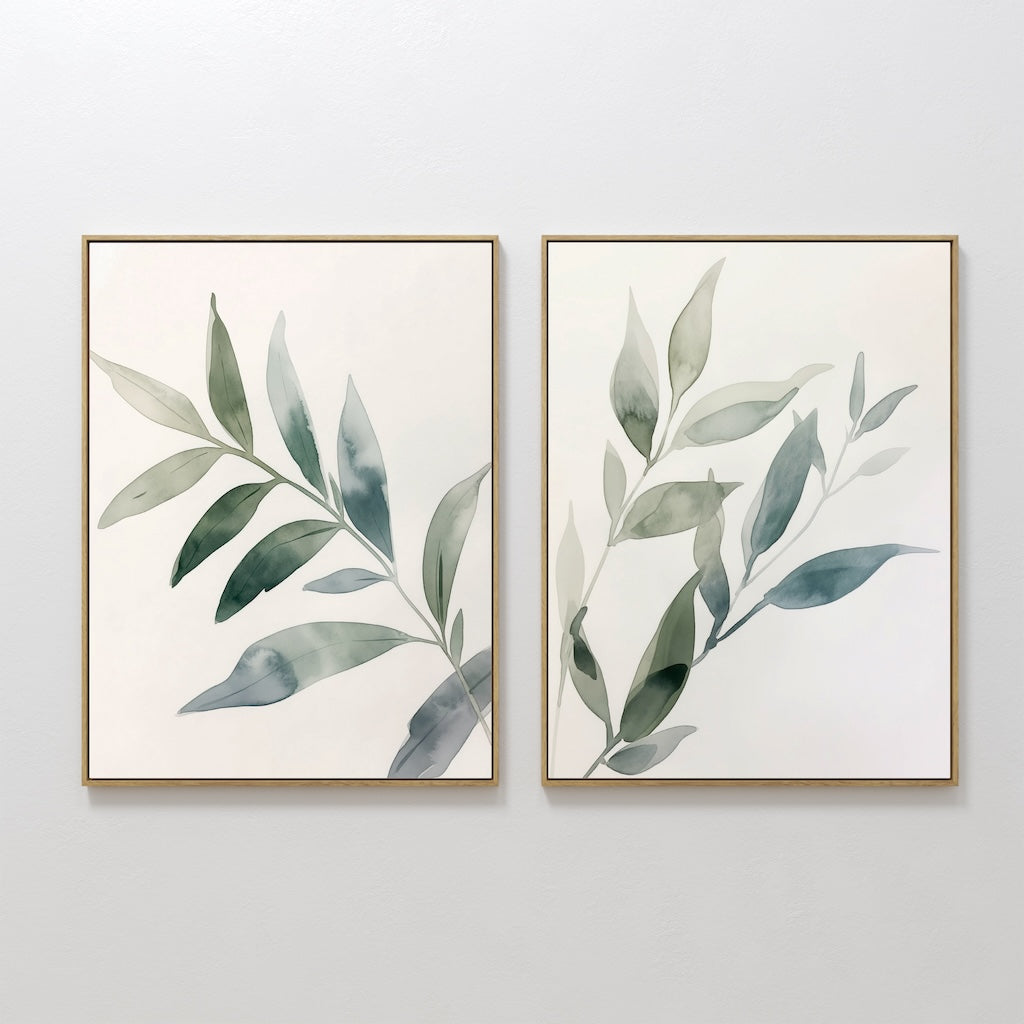 Original hand painted sage green botanical branch oil painting canvas wall art set of 2, nordic scandinavian elegant luxury minimalist modern home dec