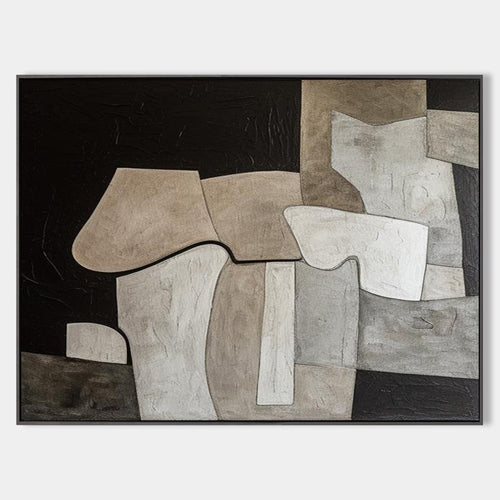 Original hand painted charcoal taupe geometric abstract oil painting canvas wall art, nordic scandinavian minimalist elegant luxury mod