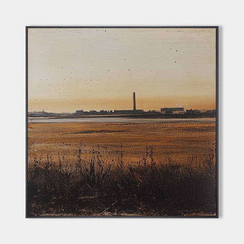 Original hand painted amber charcoal industrial landscape oil painting canvas wall art, nordic scandinavian elegant luxury modern livin