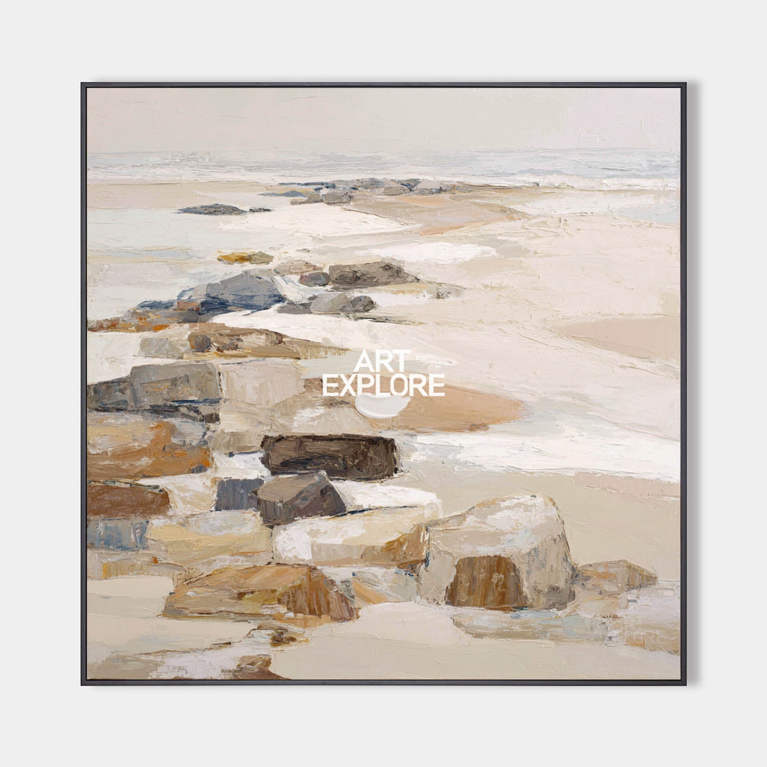 Original hand painted coastal oil painting rocky beach beige sand slate tones minimalist nordic scandinavian elegant luxury modern home