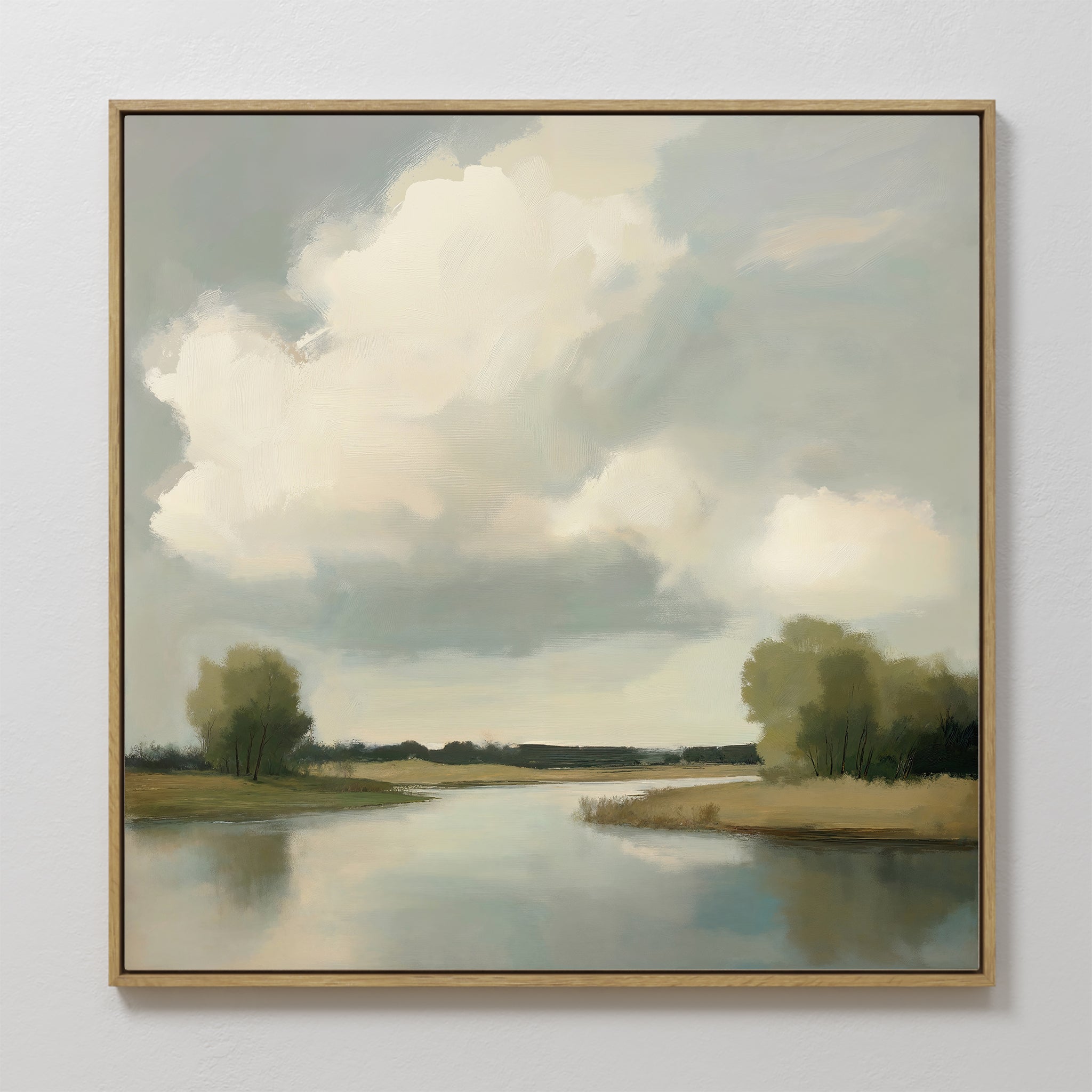 Original hand painted sage green grey river landscape oil painting canvas wall art, nordic scandinavian elegant minimalist luxury modern living room h