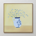 Original hand painted blue wildflower oil painting canvas wall art, delft ceramic jug yellow background nordic scandinavian elegant luxury minimalist