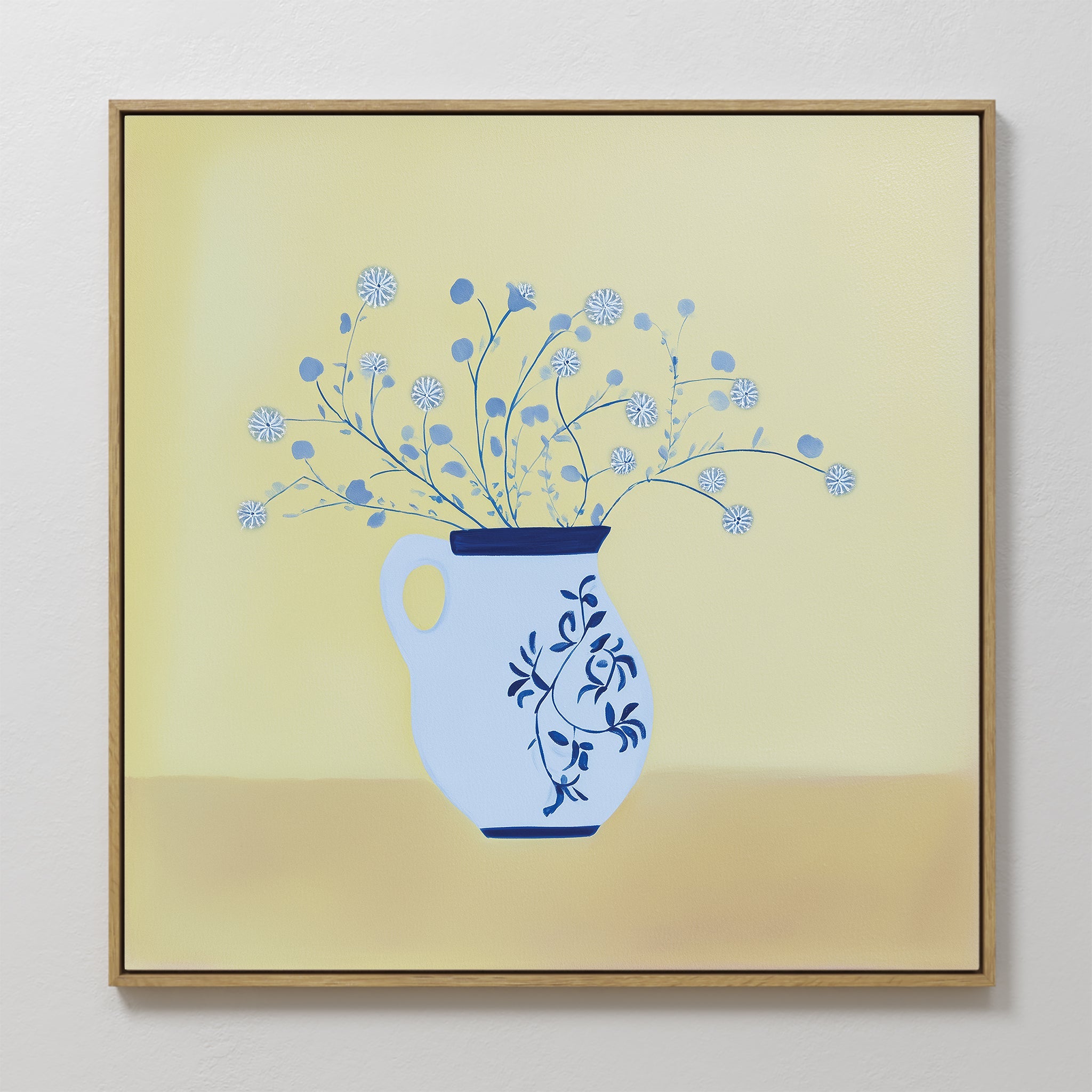 Original hand painted blue wildflower oil painting canvas wall art, delft ceramic jug yellow background nordic scandinavian elegant luxury minimalist