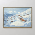 Original hand painted snow-covered alpine village oil painting canvas wall art, white blue rust tones, nordic scandinavian elegant luxury modern home