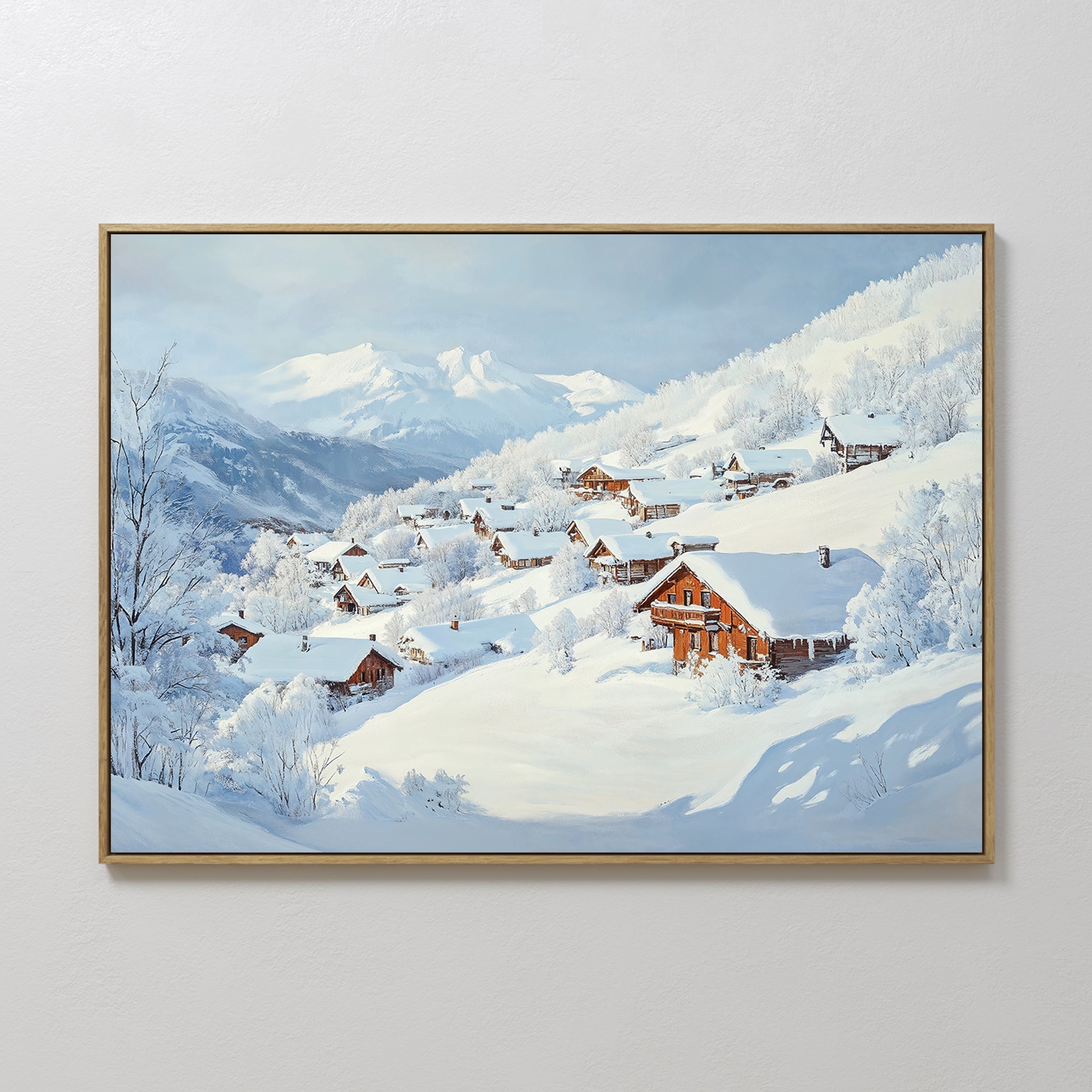Original hand painted snow-covered alpine village oil painting canvas wall art, white blue rust tones, nordic scandinavian elegant luxury modern home