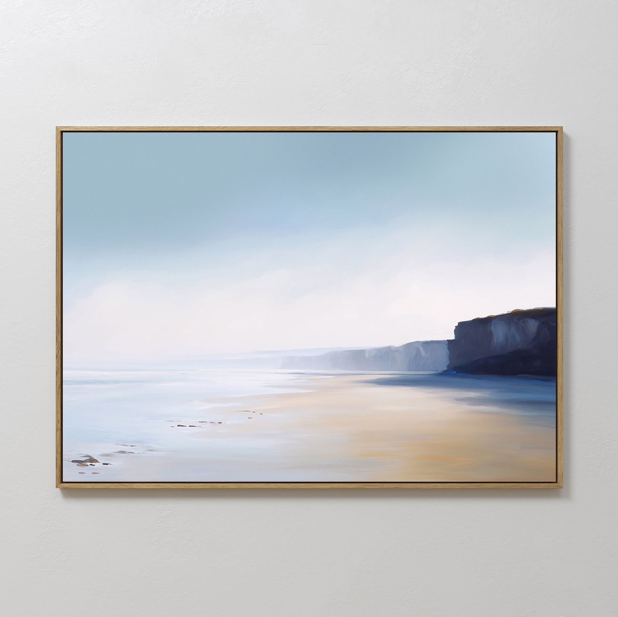 Hand painted original oil painting coastal cliffs pale blue sandy beach canvas wall art nordic scandinavian elegant luxury modern home decor interior