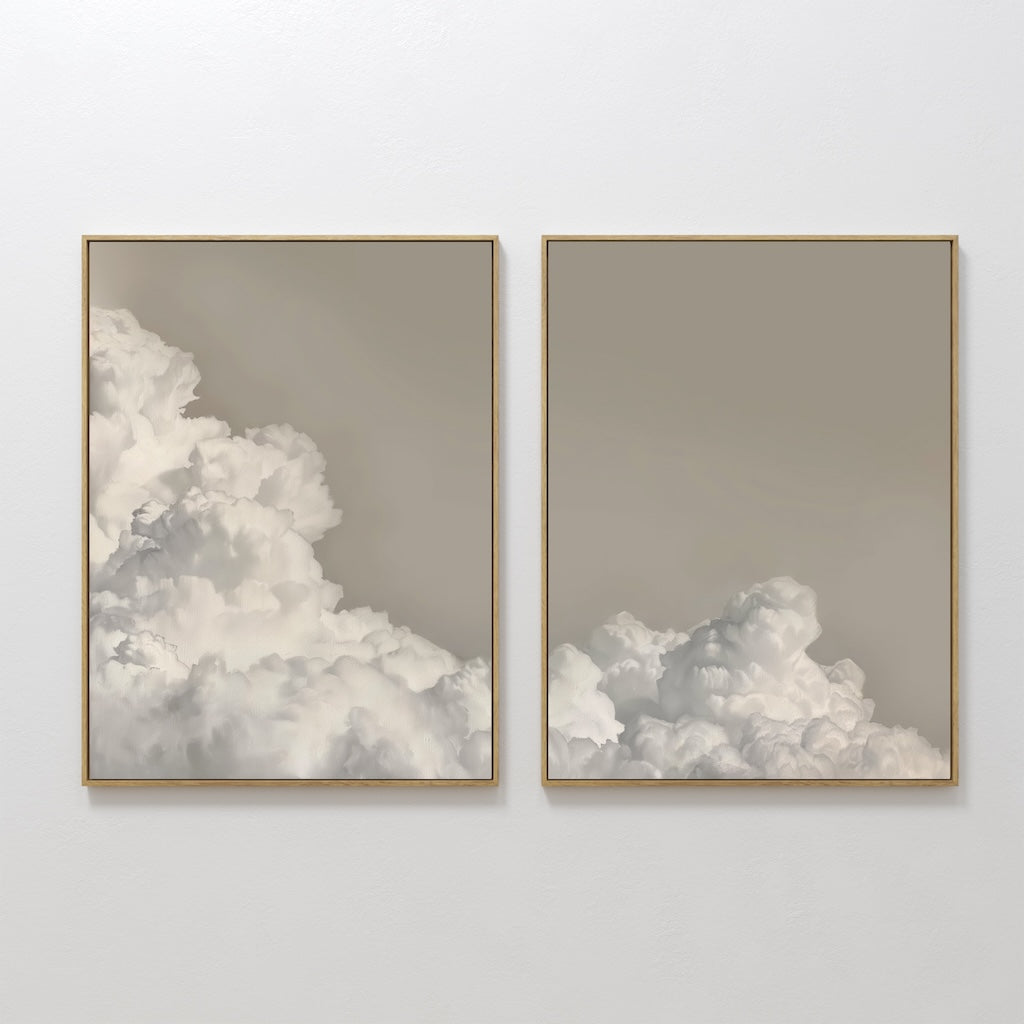 Original hand painted white cloud beige taupe oil painting set of 2 canvas wall art, nordic scandinavian minimalist elegant luxury modern living room