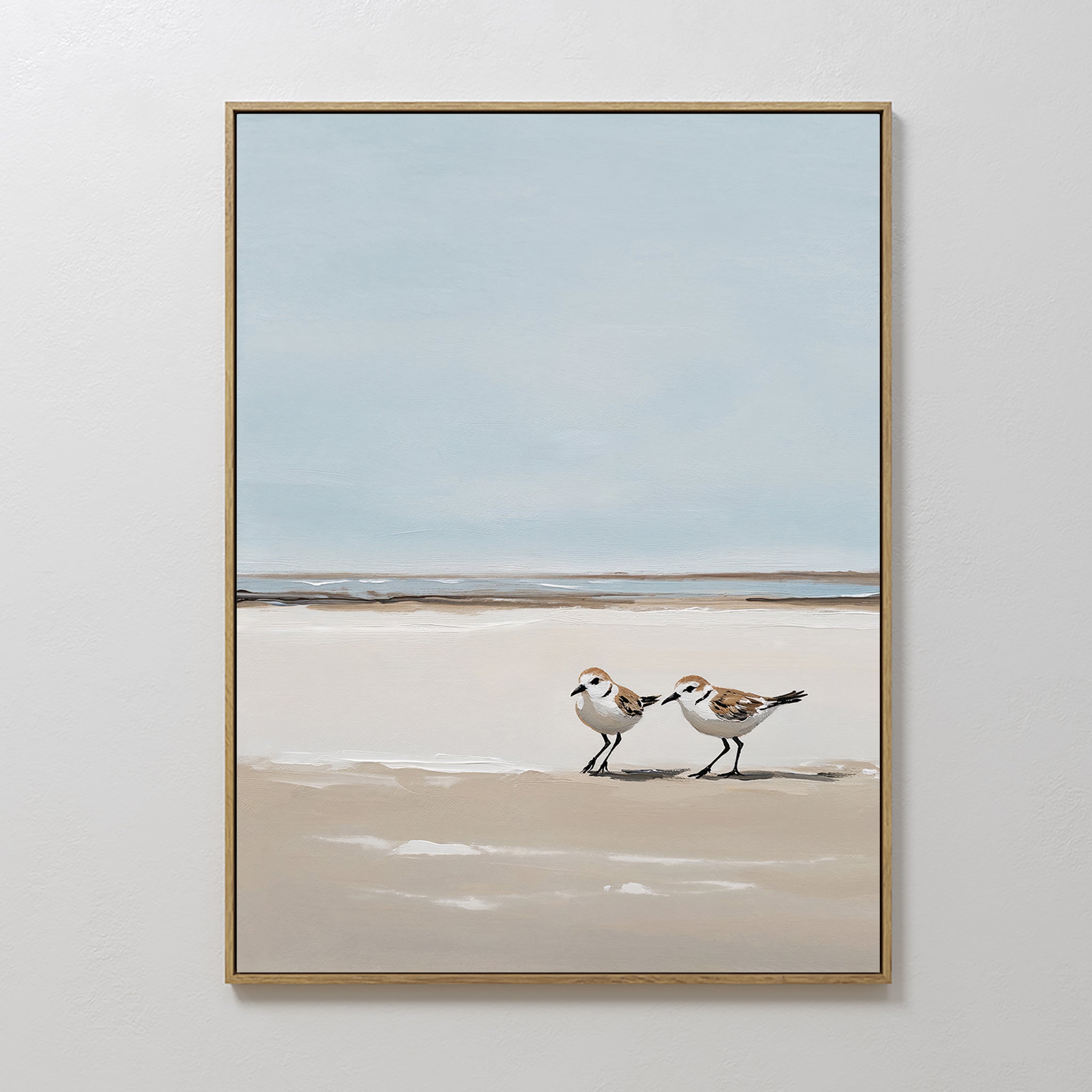 Original hand painted two shorebirds sandy beach oil painting canvas wall art, nordic scandinavian elegant minimalist luxury coastal modern home decor