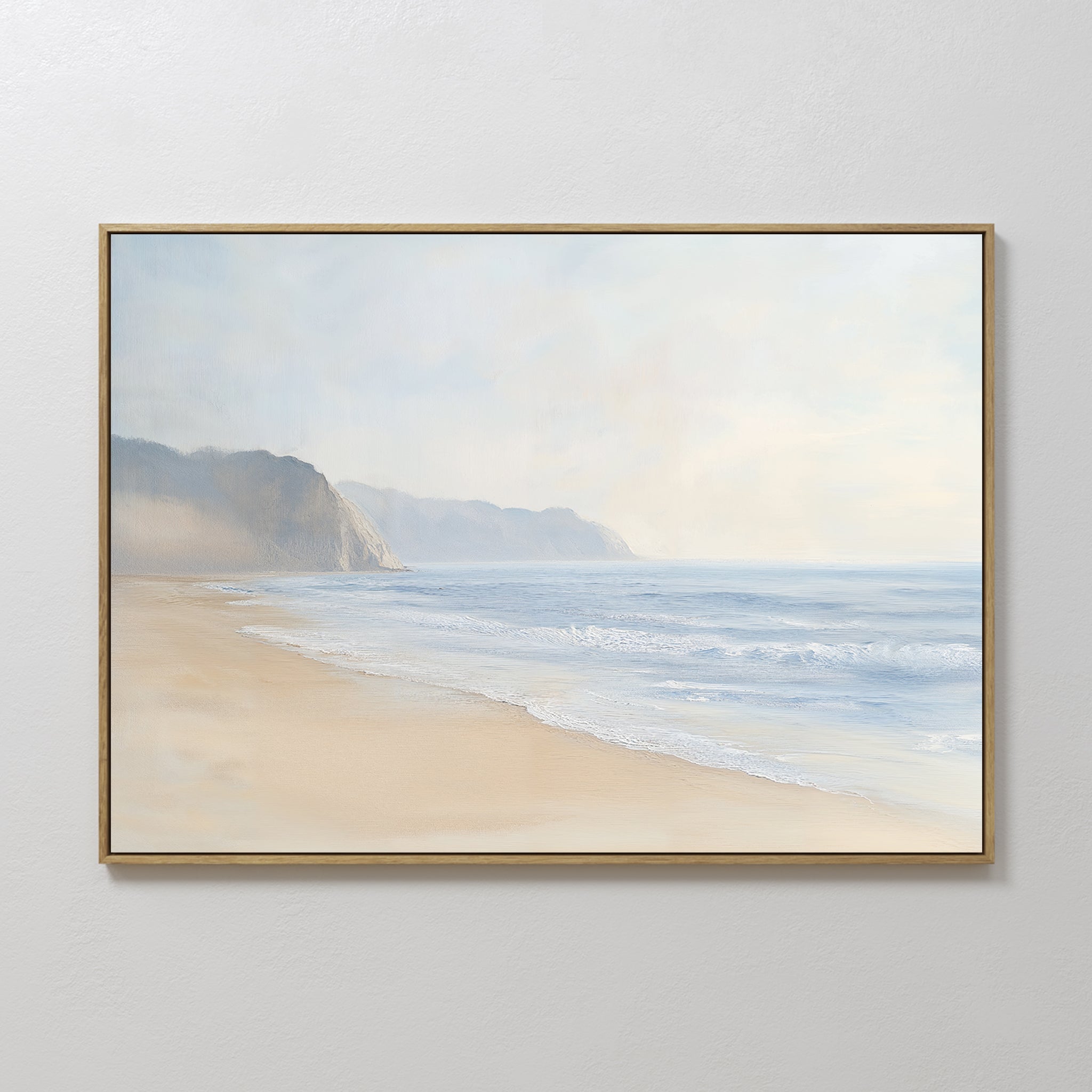 Original hand painted soft blue sandy beige misty coastal seascape oil painting canvas wall art, nordic scandinavian elegant luxury modern living room