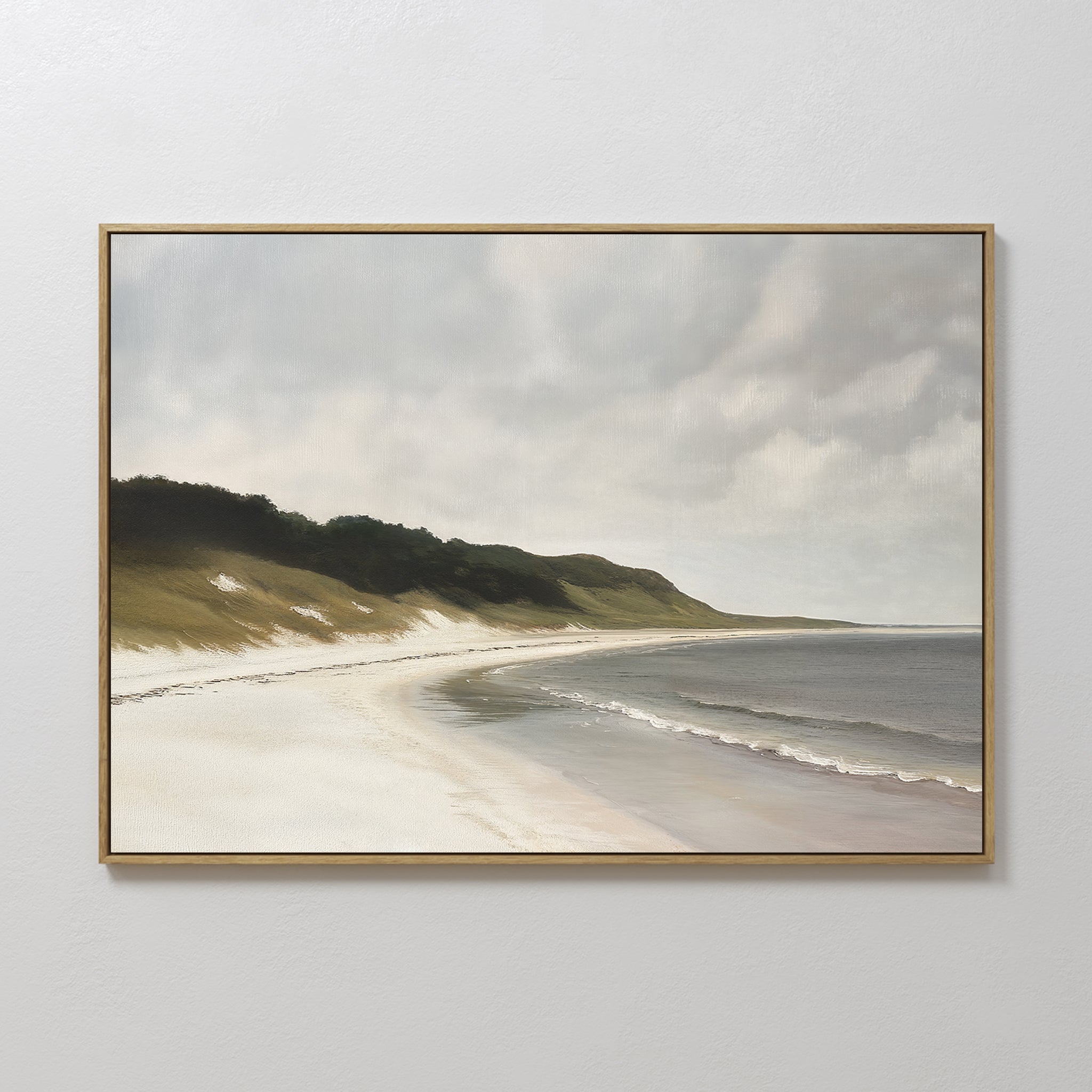 Original hand painted coastal beach oil painting canvas wall art, sandy shore green dunes grey cloudy sky nordic scandinavian elegant luxury modern ho