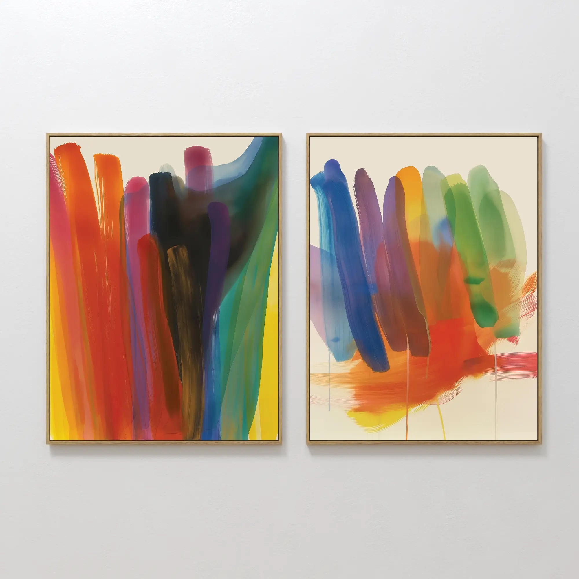 Original hand painted bold multicolor abstract oil painting canvas wall art set of two, vivid brushstrokes nordic scandinavian elegant luxury modern h