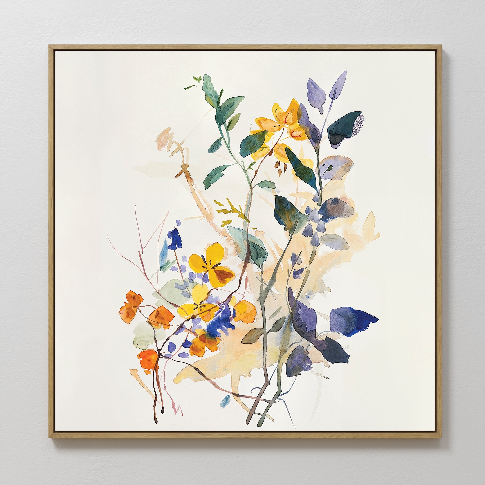 Hand painted original yellow orange cobalt blue botanical oil painting canvas wall art, nordic scandinavian elegant luxury modern living room home dec
