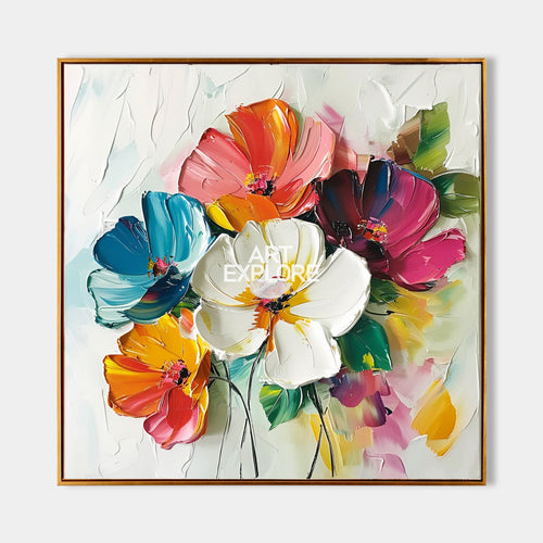 Original hand painted colorful abstract floral oil painting canvas wall art, vibrant pink blue orange blooms, elegant luxury modern nor