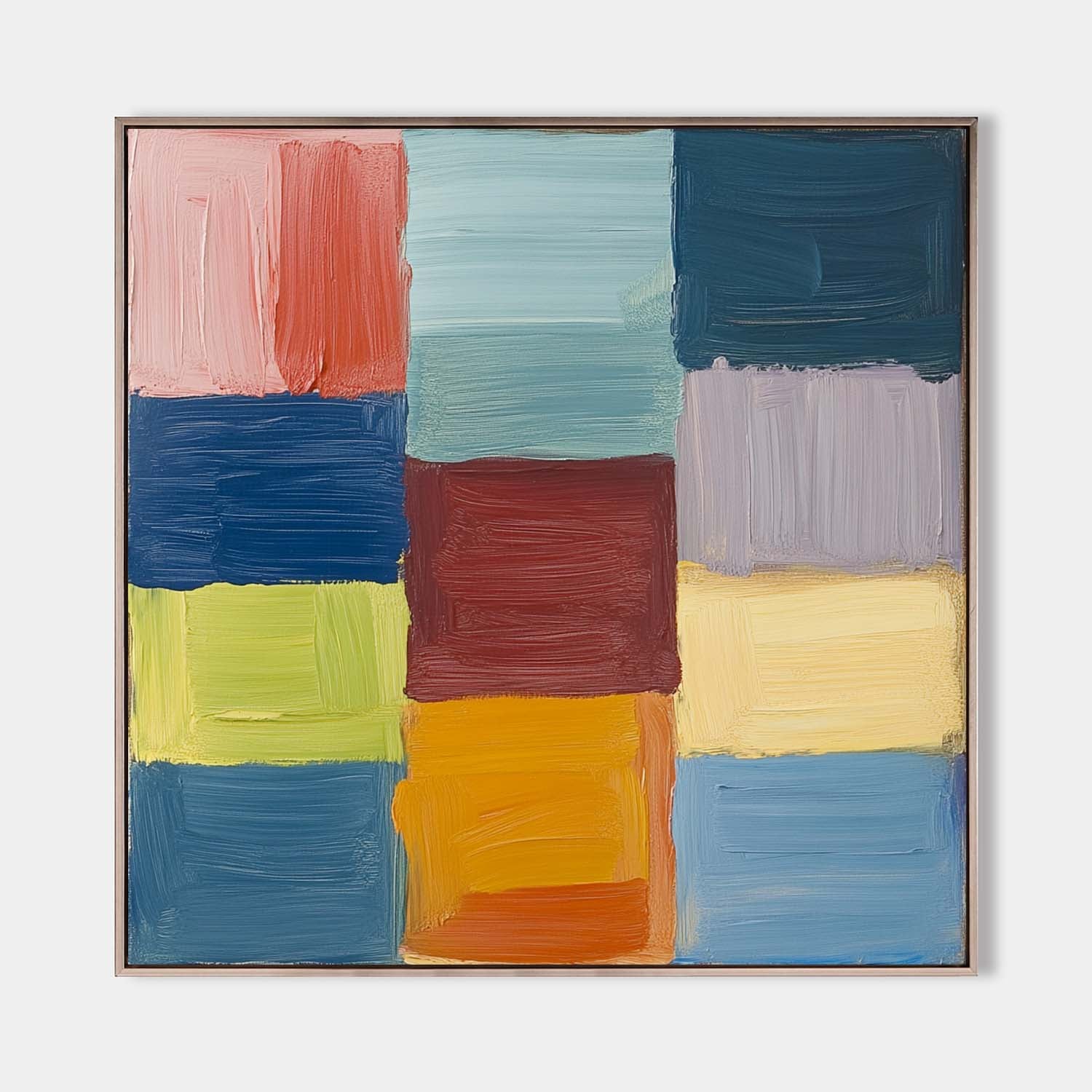 Original hand painted geometric color-block oil painting canvas wall art, bold crimson navy teal amber modern elegant luxury nordic sca