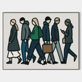 Original hand painted oil painting canvas, minimalist faceless walking figures in slate navy teal, modern scandinavian elegant luxury w