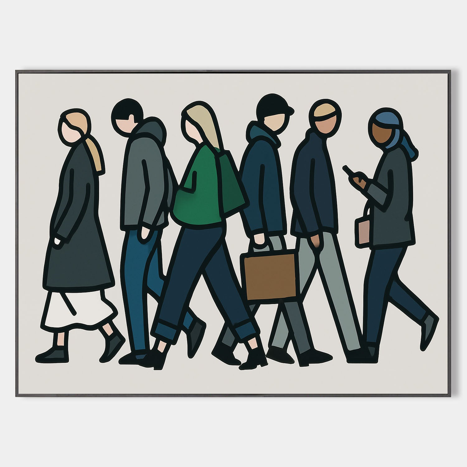 Original hand painted oil painting canvas, minimalist faceless walking figures in slate navy teal, modern scandinavian elegant luxury w