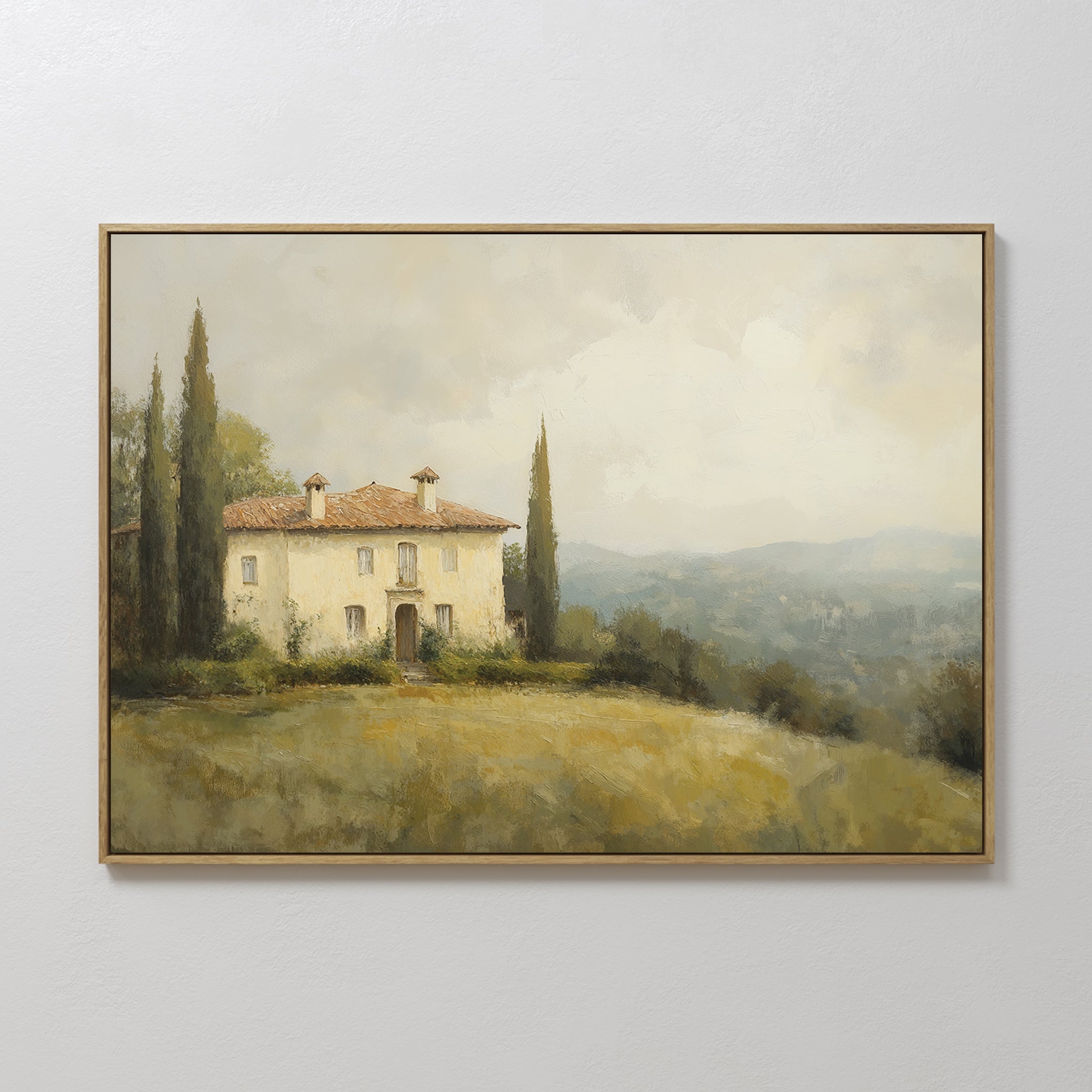 Hand painted original oil painting canvas wall art of cream Tuscan farmhouse with dark cypress trees, golden fields and misty blue mountain valley, el