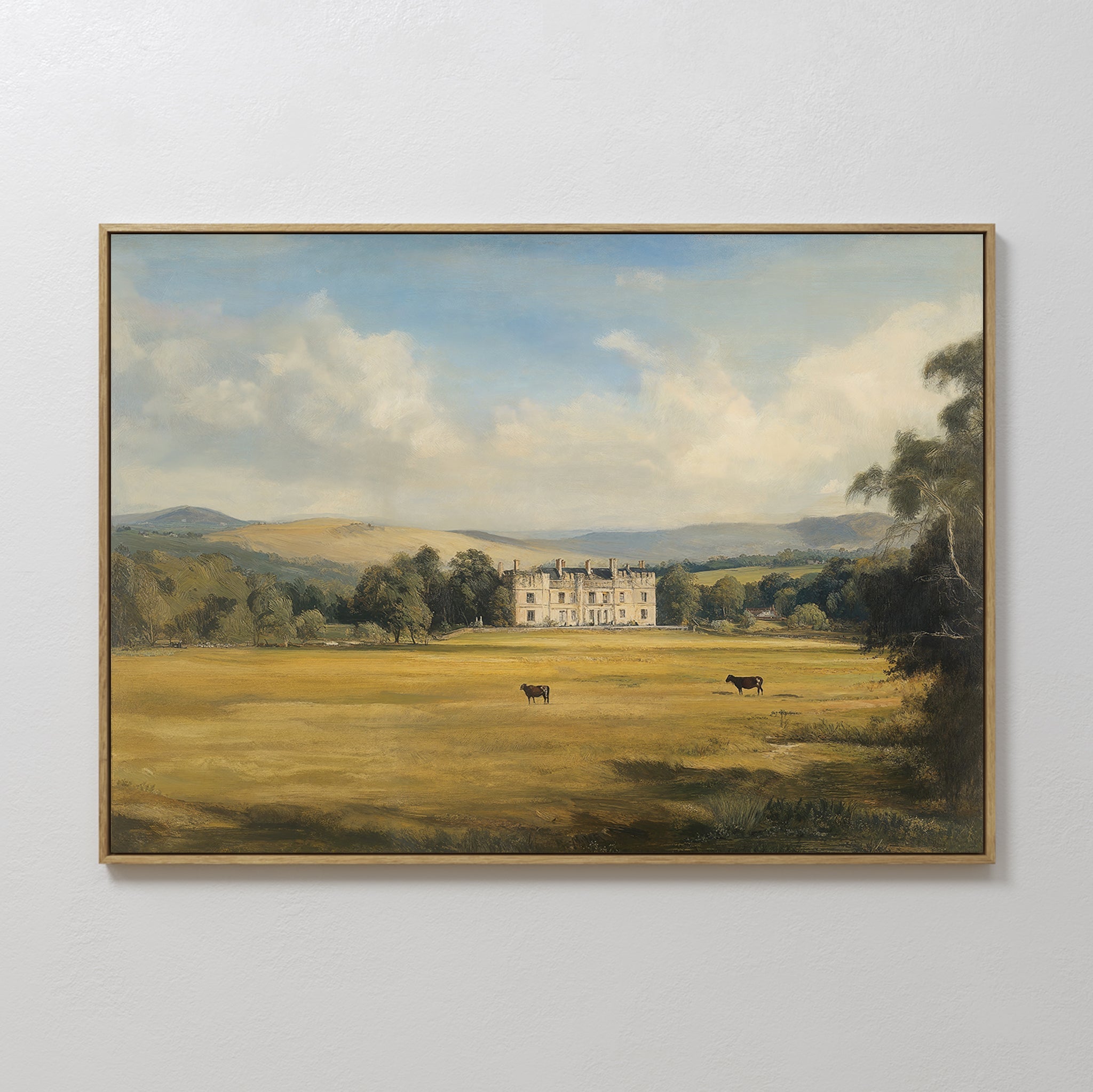 Hand painted original oil painting golden meadow estate cattle rolling hills canvas wall art elegant luxury vintage nordic modern home decor interior
