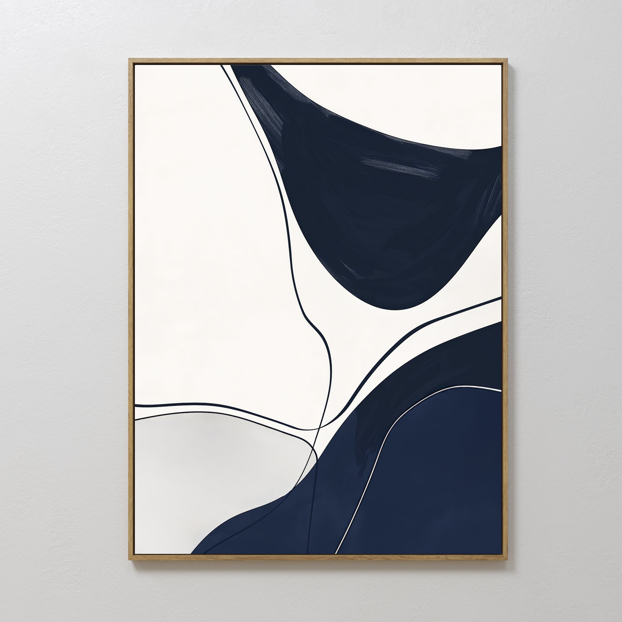 Original hand painted navy blue organic abstract oil painting canvas wall art, fluid bold shapes fine line work scandinavian nordic elegant luxury mod