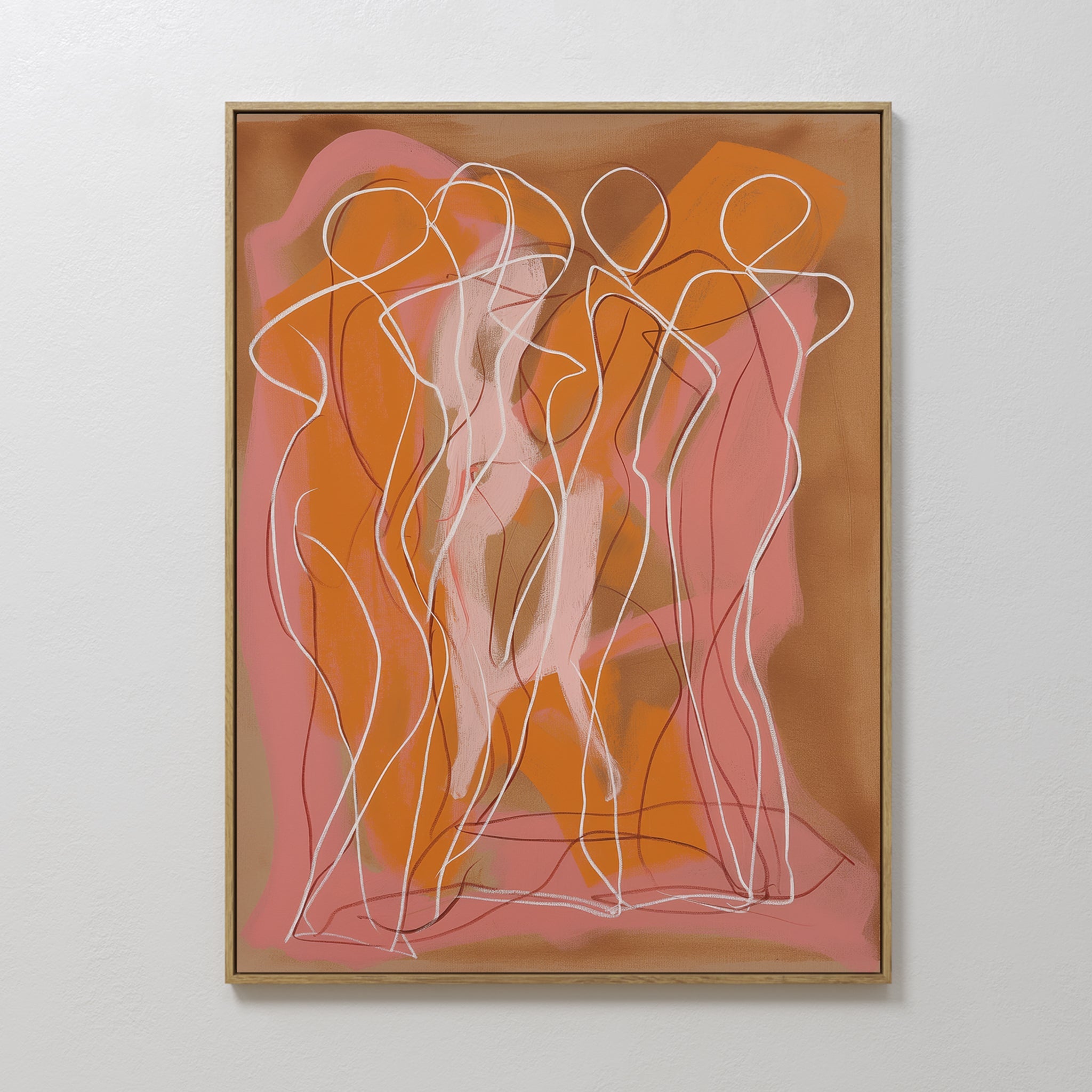 Original hand painted orange pink abstract female silhouettes oil painting canvas wall art, elegant luxury modern scandinavian nordic home decor inter