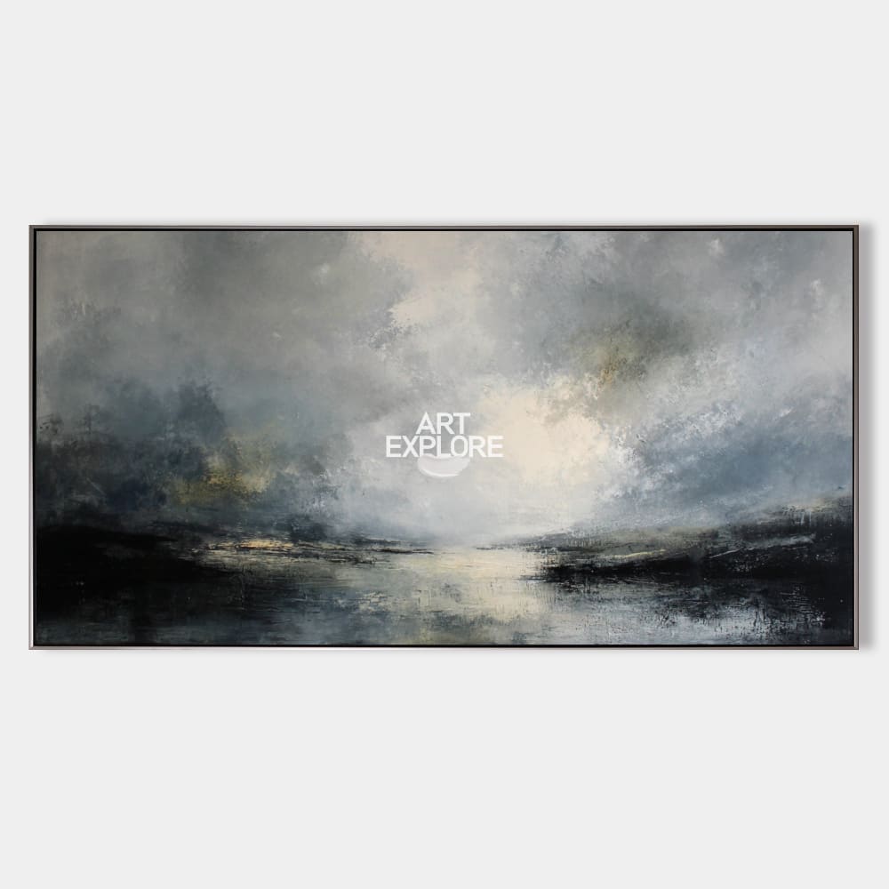 Original hand painted charcoal slate blue ivory abstract coastal oil painting canvas wall art, nordic scandinavian elegant luxury moder