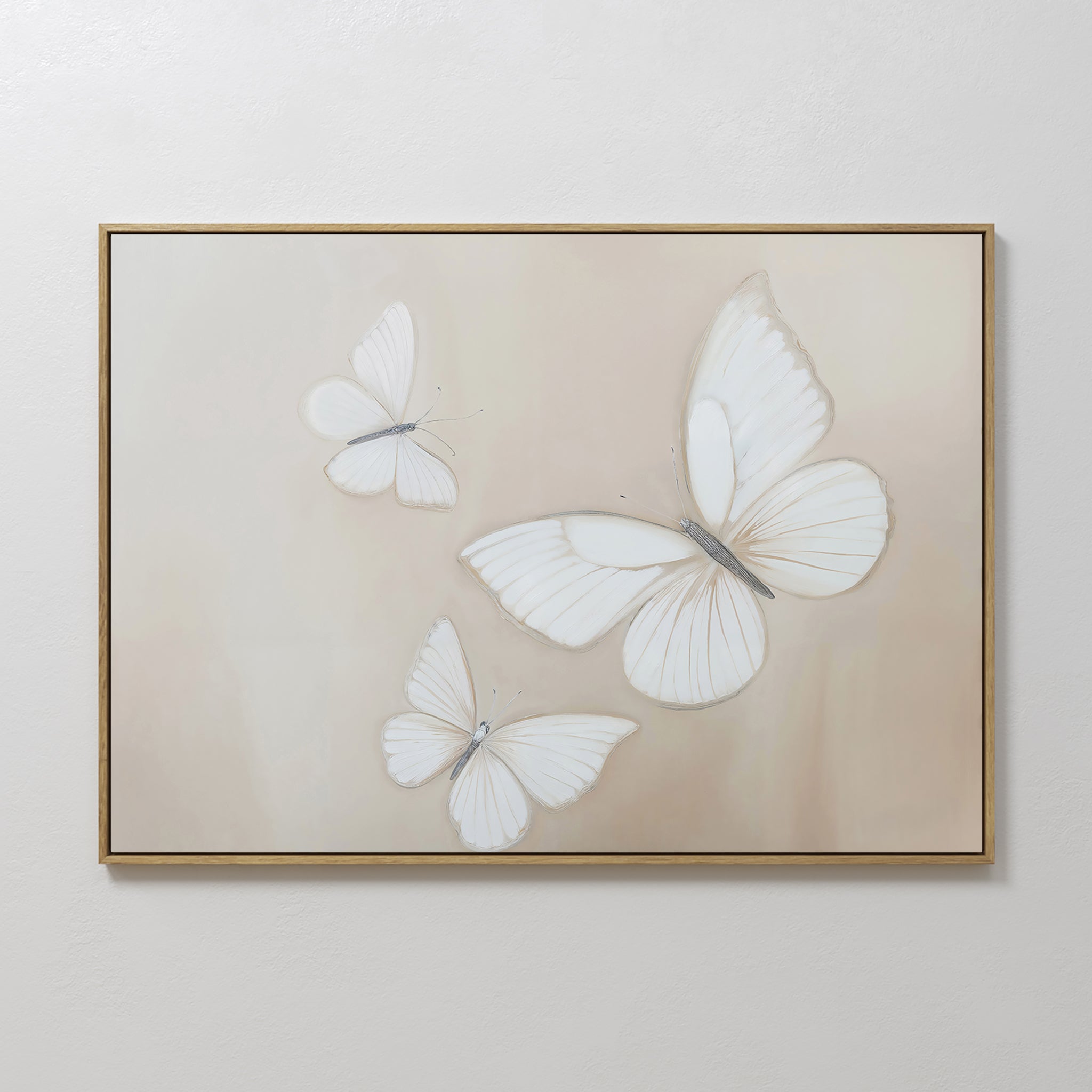 Original hand painted white butterfly oil painting canvas wall art, warm beige nordic scandinavian elegant luxury minimalist modern living room home d