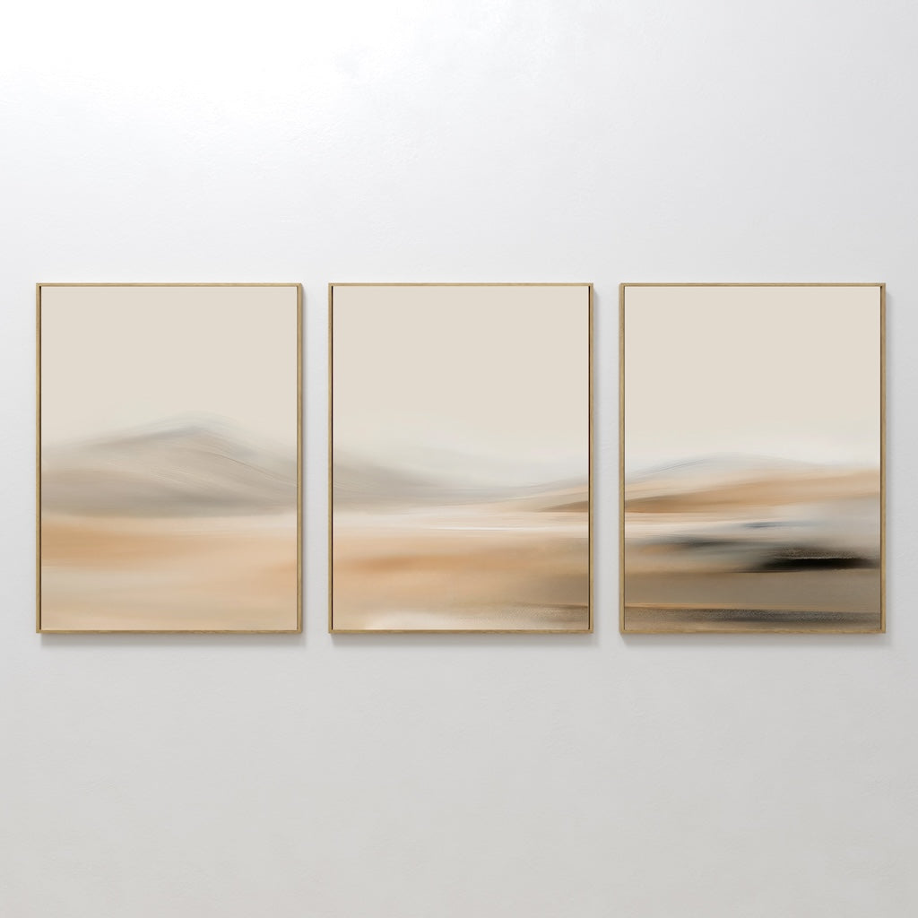 Original hand painted beige sand desert abstract landscape oil painting triptych canvas wall art, nordic scandinavian elegant luxury modern interior h