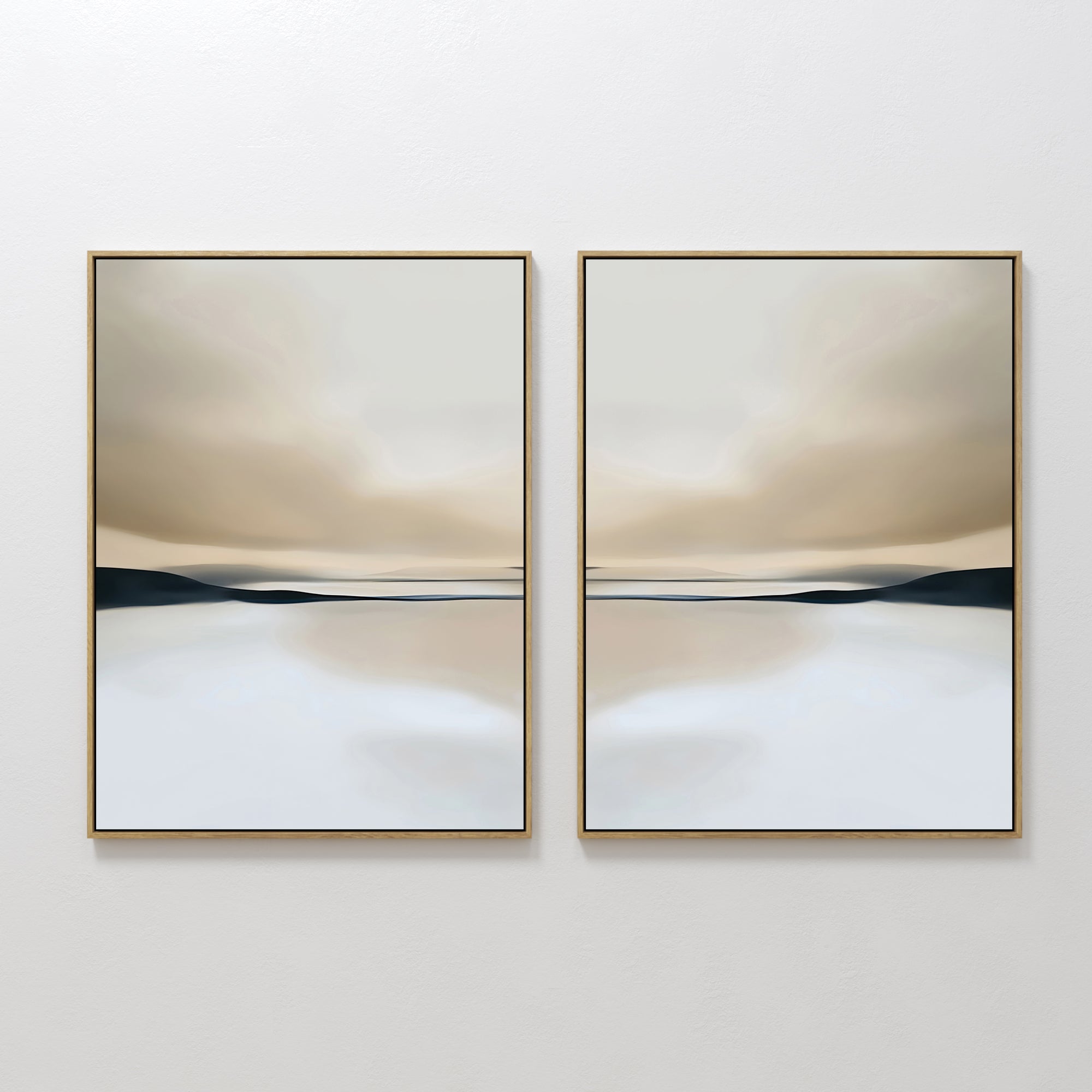 Original hand painted beige navy white minimalist landscape diptych oil painting canvas wall art, nordic scandinavian elegant luxury modern home decor