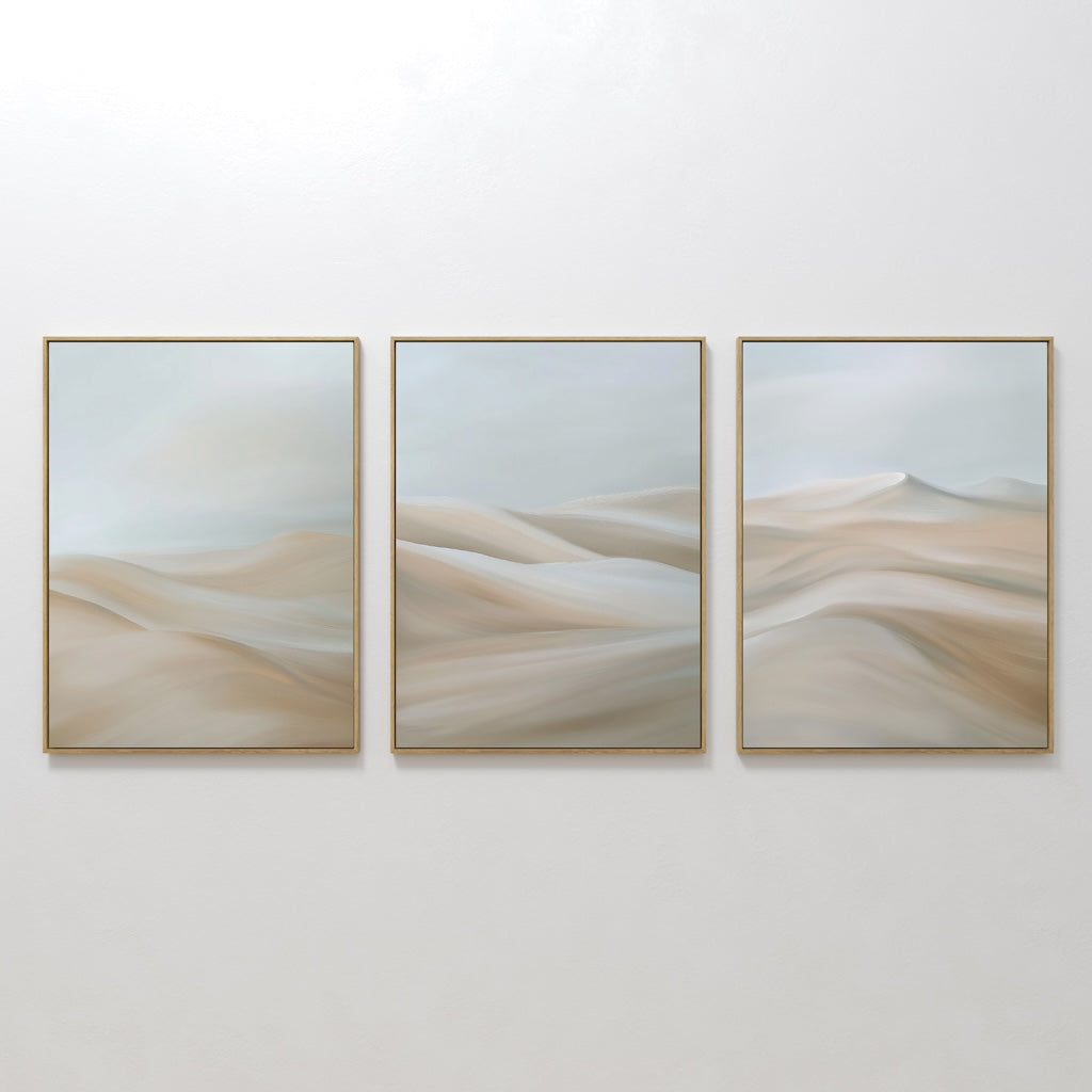 Original hand painted sand dune triptych oil painting canvas wall art, soft beige ivory blue nordic scandinavian minimalist elegant luxury modern home