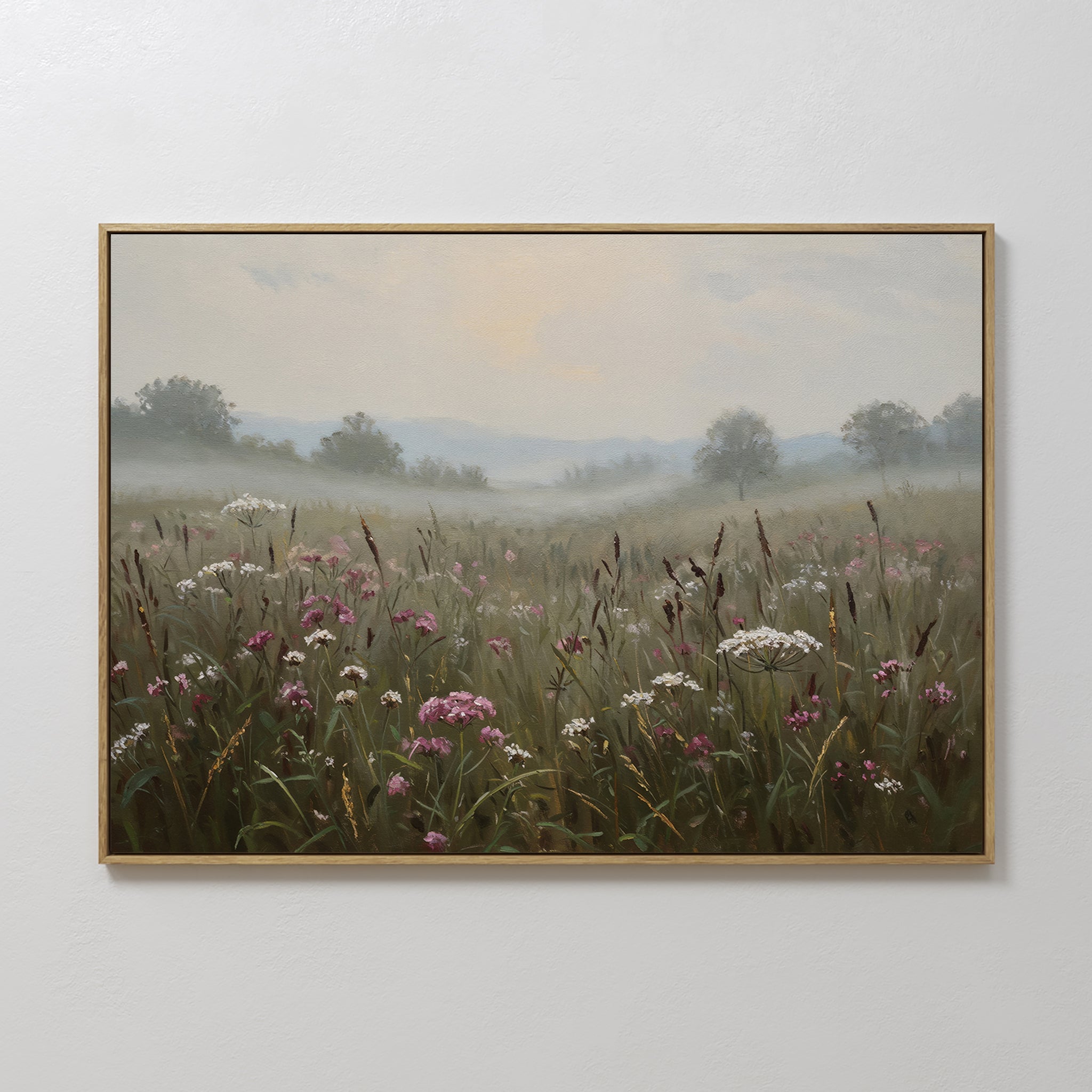 Original hand painted misty wildflower meadow oil painting canvas wall art, dusty rose white sage green fog, nordic scandinavian elegant luxury modern