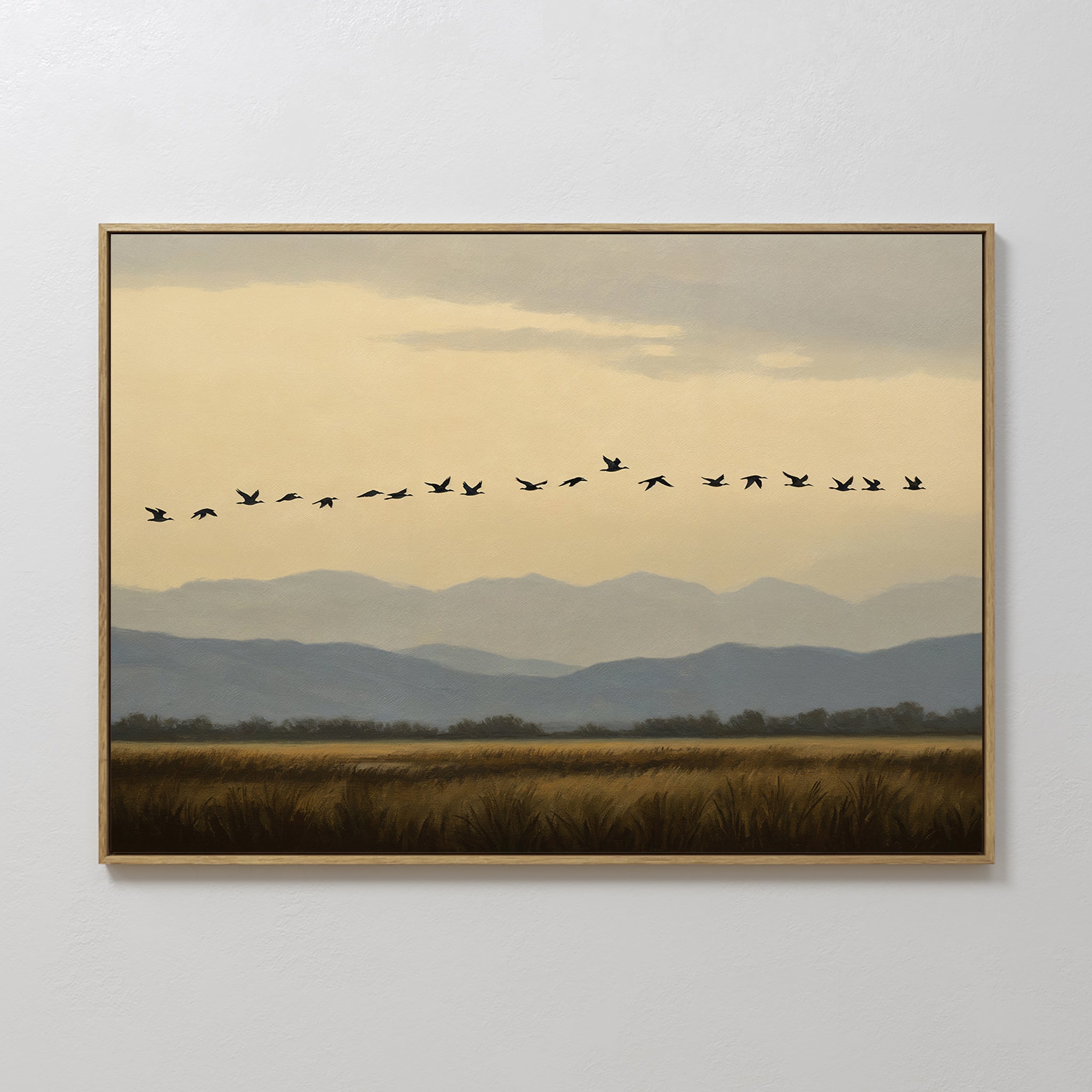 Original hand painted amber golden field migrating birds oil painting canvas wall art, nordic scandinavian elegant luxury modern living room home deco