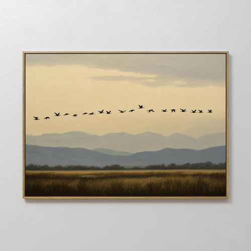 Original hand painted amber golden field migrating birds oil painting canvas wall art, nordic scandinavian elegant luxury modern living room home deco
