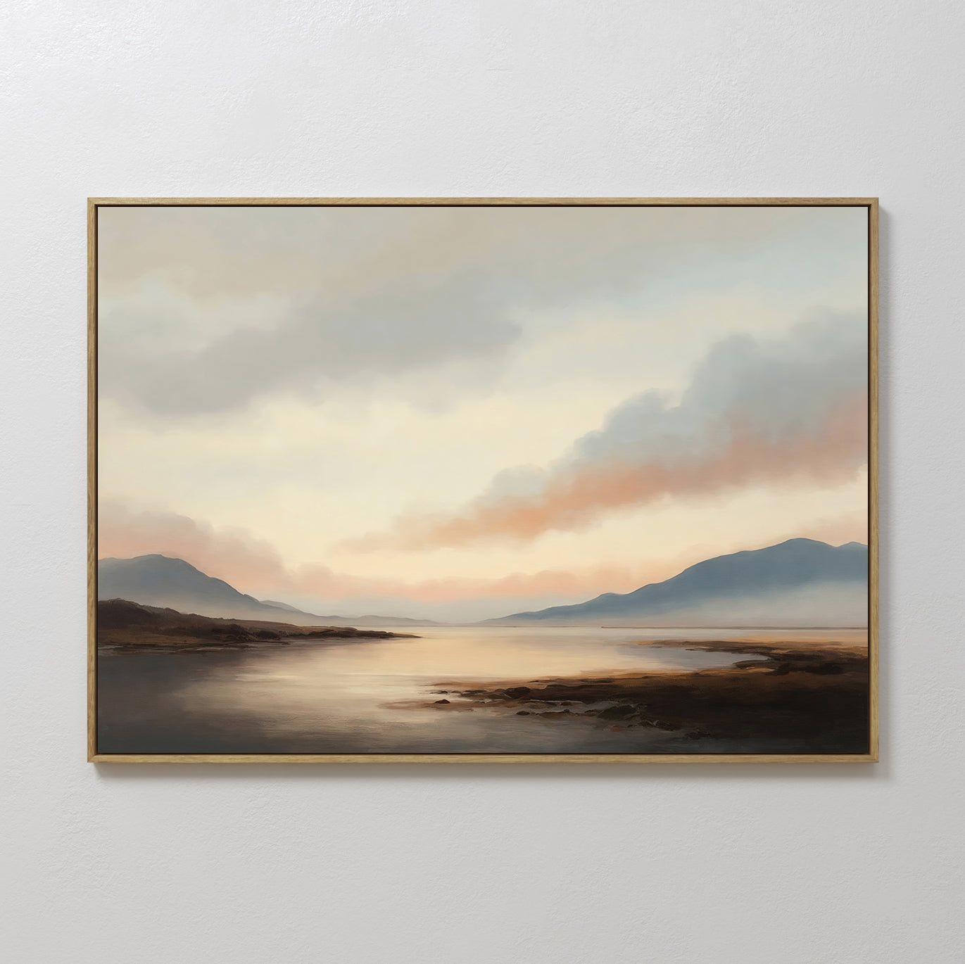 Original hand painted peach amber mountain lake landscape oil painting canvas wall art, nordic scandinavian elegant minimalist luxury modern living ro