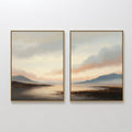 Original hand painted peach and slate blue coastal mountain dusk diptych oil painting canvas wall art, nordic scandinavian elegant luxury modern livin