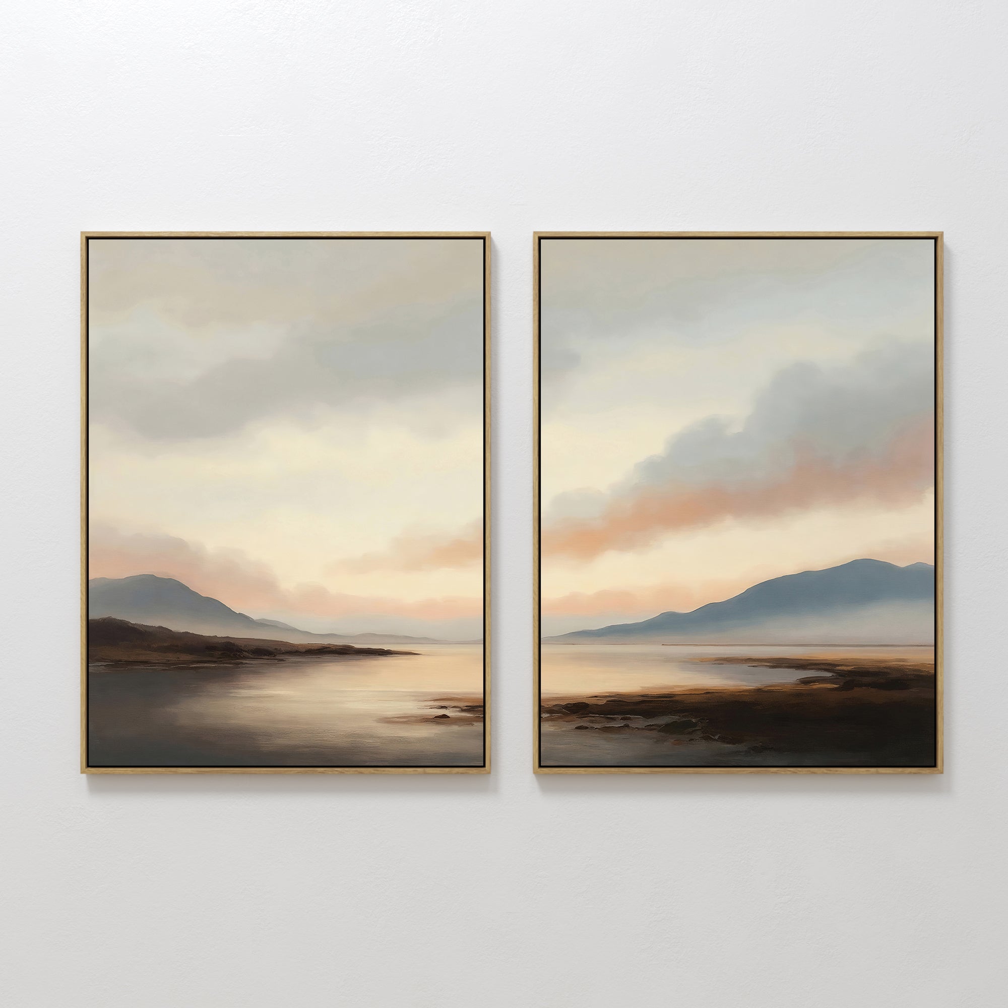 Original hand painted peach and slate blue coastal mountain dusk diptych oil painting canvas wall art, nordic scandinavian elegant luxury modern livin
