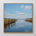 Original hand painted golden marsh coastal oil painting canvas wall art, blue sky reflective water dock, elegant luxury modern coastal home decor inte