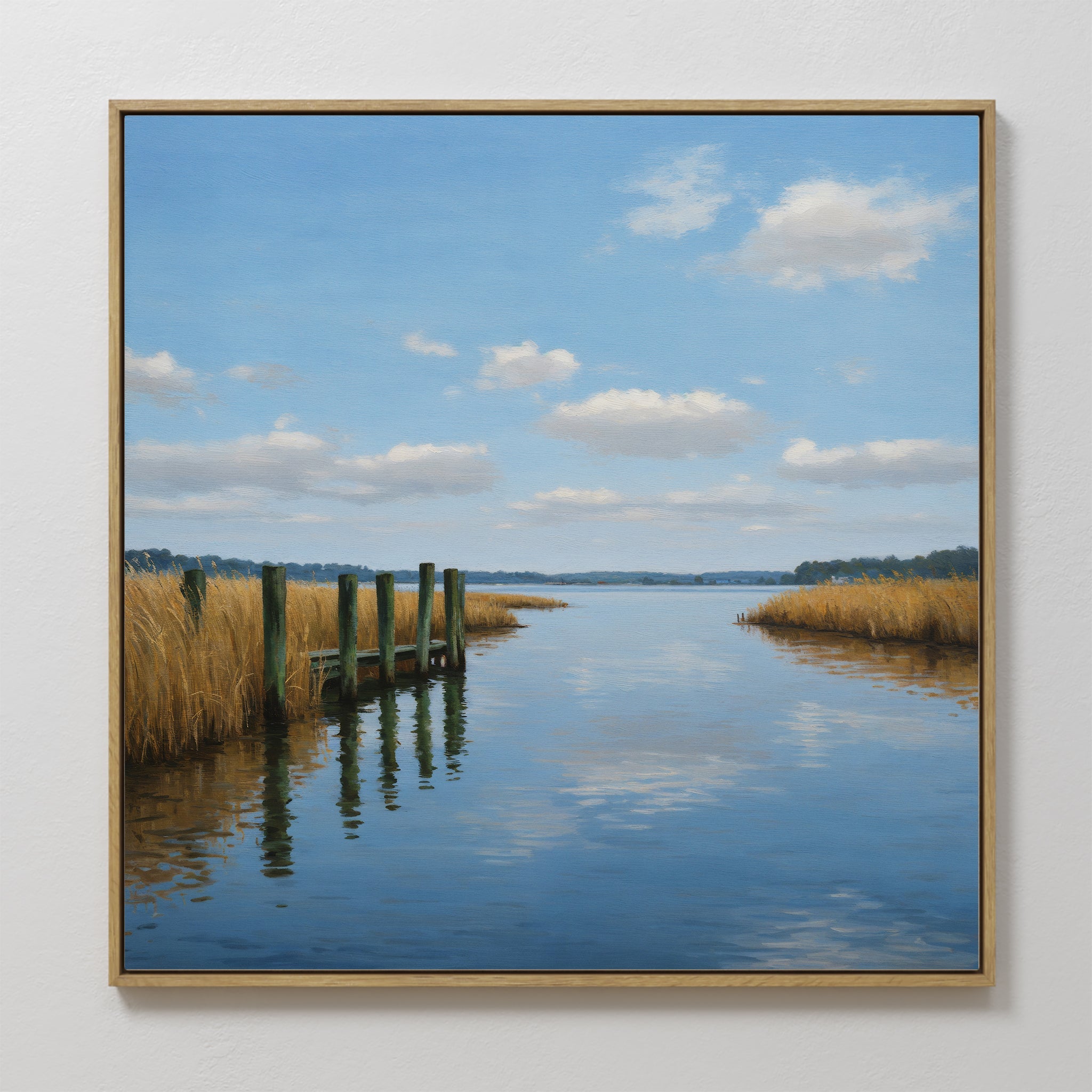 Original hand painted golden marsh coastal oil painting canvas wall art, blue sky reflective water dock, elegant luxury modern coastal home decor inte