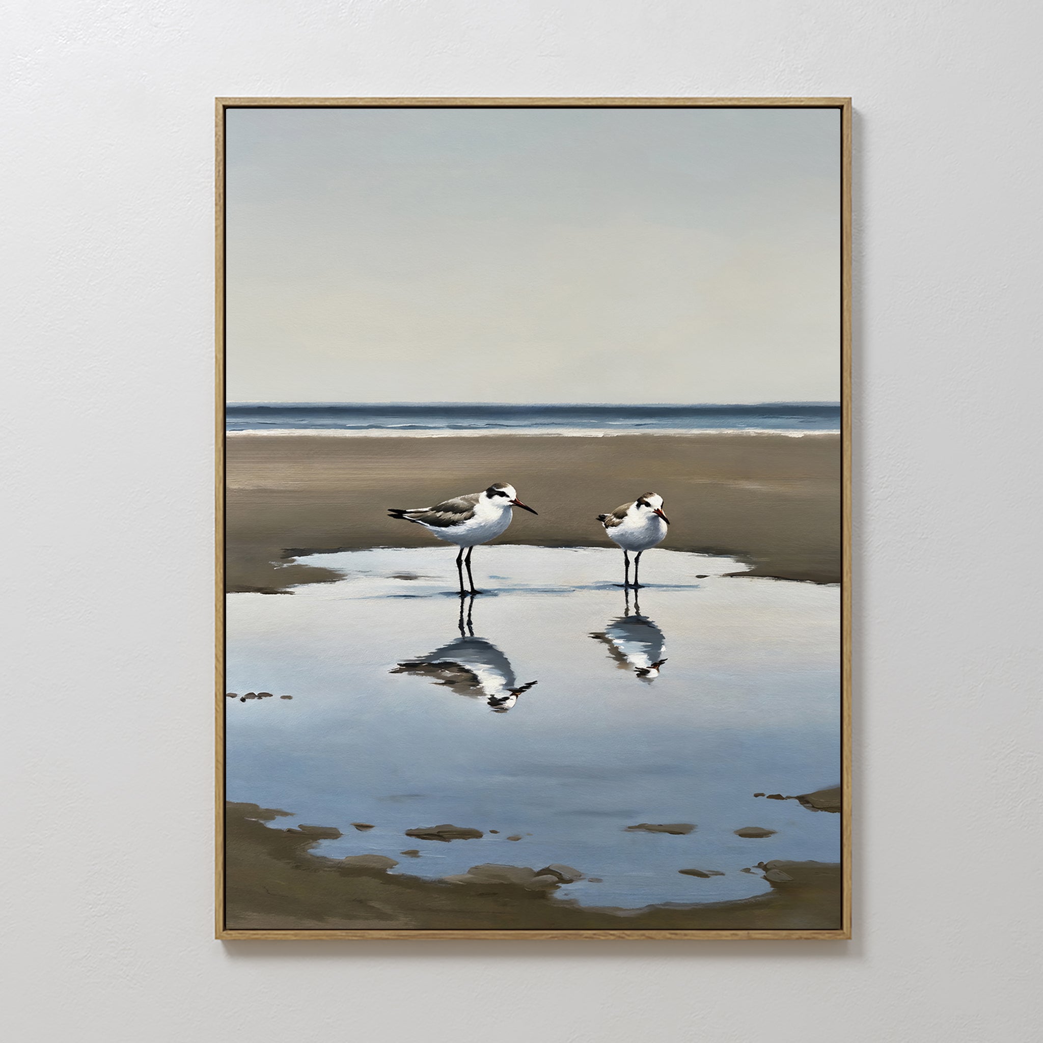 Original hand painted blue grey coastal shorebirds oil painting canvas wall art, nordic scandinavian elegant minimalist luxury modern home decor inter