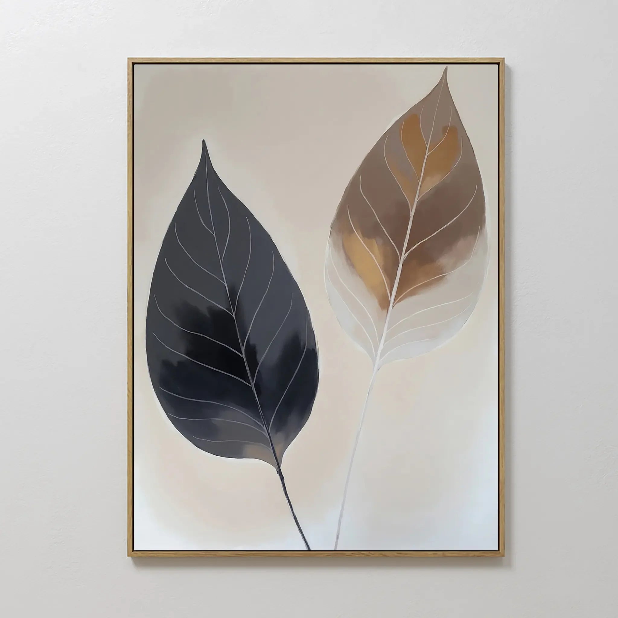 Hand painted original oil painting two botanical leaves charcoal black gold amber beige canvas wall art nordic scandinavian elegant luxury modern home