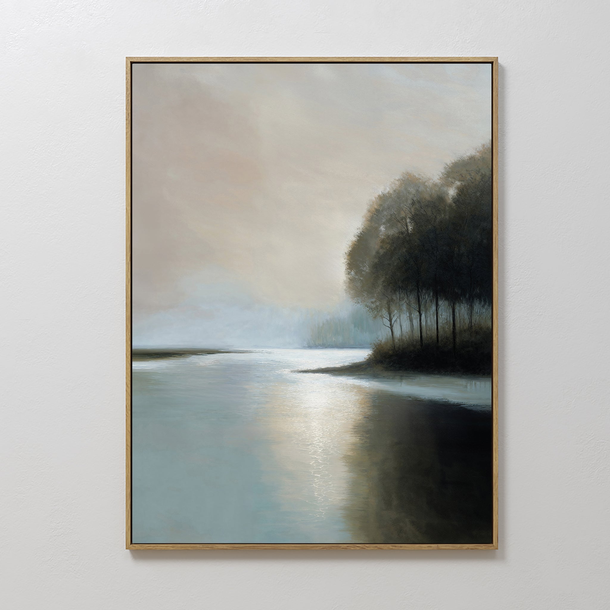 Hand painted original oil painting misty teal river dark tree silhouettes canvas wall art nordic scandinavian elegant luxury modern home decor interio
