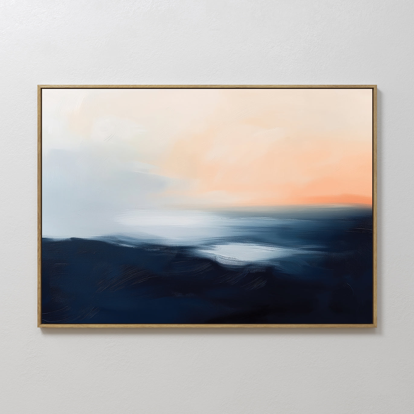 Hand painted original navy blue peach abstract seascape oil painting canvas wall art, nordic scandinavian elegant luxury coastal modern home decor int