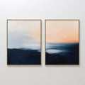 Original hand painted navy blue blush peach abstract ocean diptych oil painting canvas wall art, nordic scandinavian elegant luxury modern coastal hom